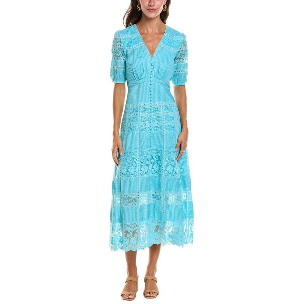 Saloni Womens  Lea Pintuck Midi Dress, Blue